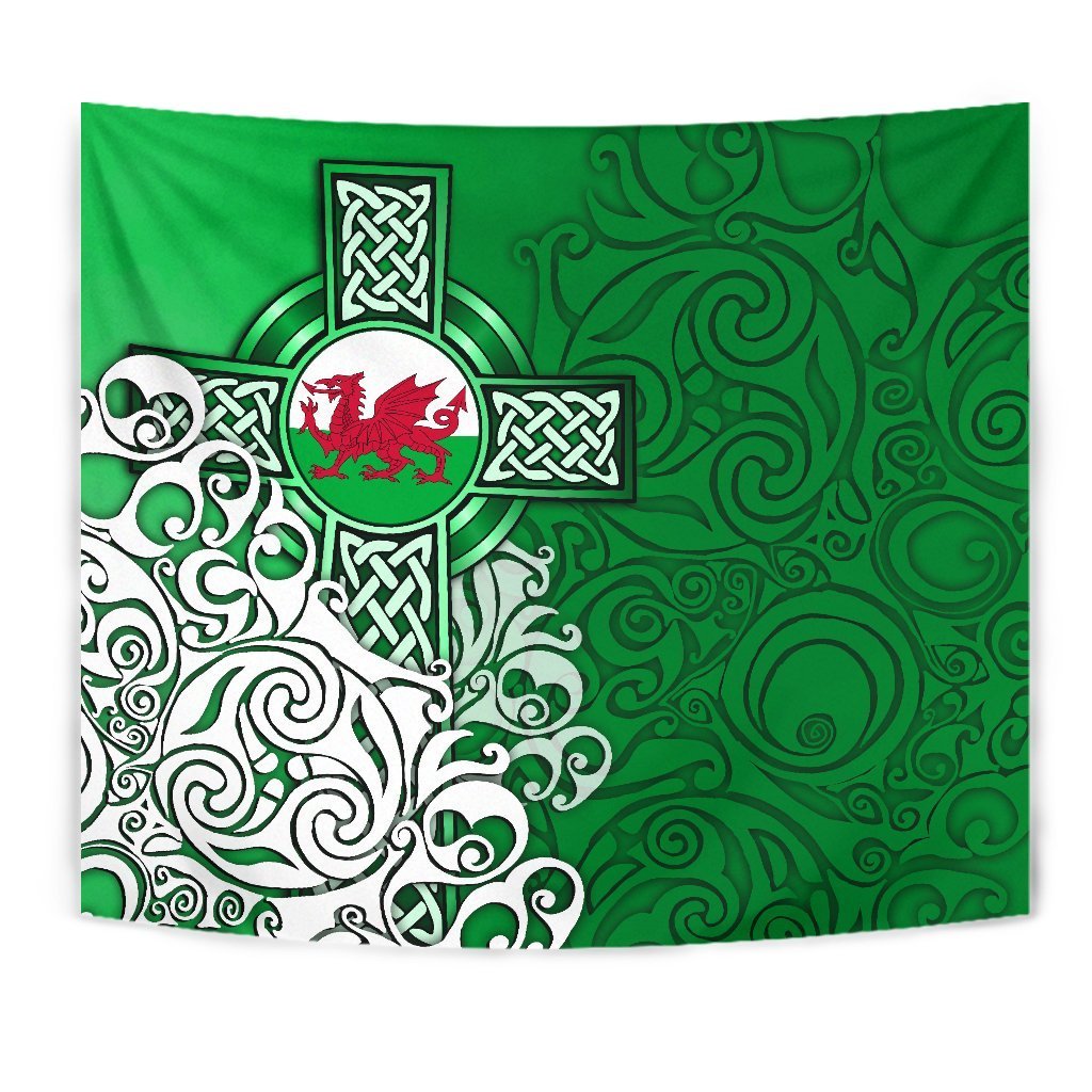 Wales Celtic Tapestry - Welsh Dragon Flag with Celtic Cross (Green) - Vibe Hoodie Shop