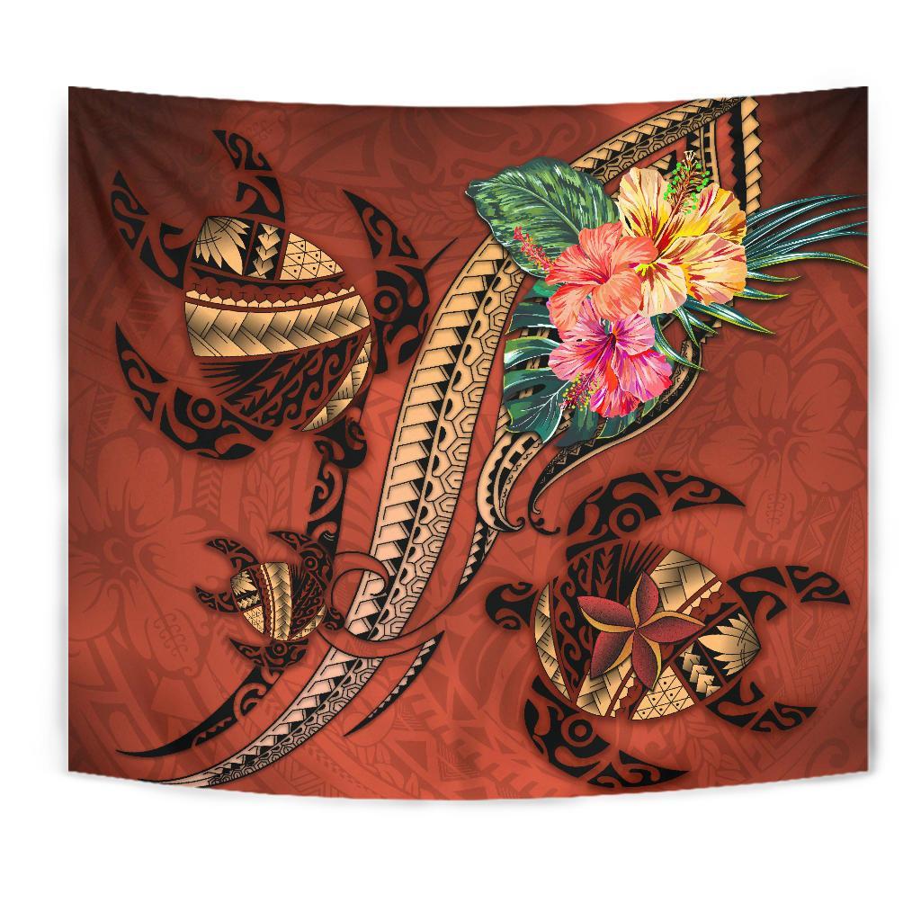 Polynesian Turtle Tapestry - Tribal Tattoo with Hibiscus Coral - Vibe Hoodie Shop