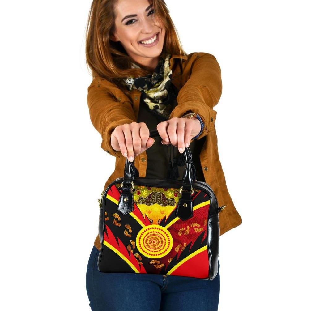 Aboriginal Shoulder Handbag - Indigenous Flag With Footprint Hand Art - Vibe Hoodie Shop
