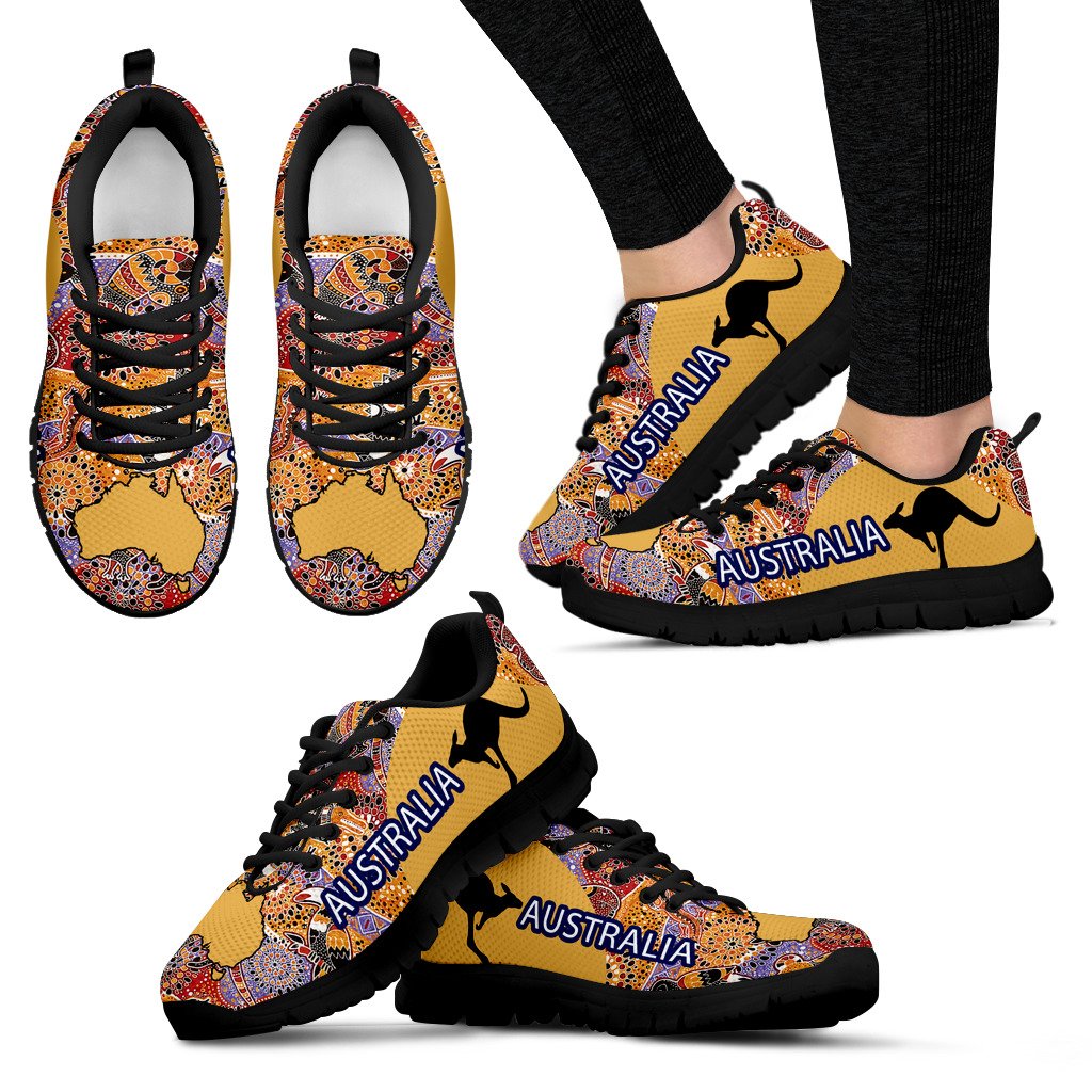 Aboriginal Sneakers, Australian Map Kangaroo Symbol Koala Kookaburra Patterns - Vibe Hoodie Shop