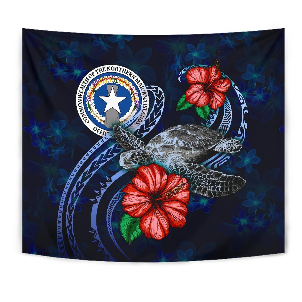 Northern Mariana Islands Polynesian Tapestry - Blue Turtle Hibiscus - Vibe Hoodie Shop