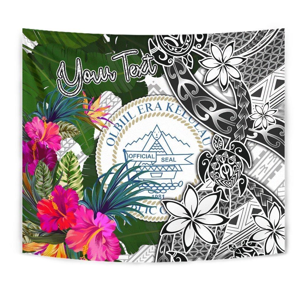 Palau Custom Personalised Tapestry White - Turtle Plumeria Banana Leaf Crest - Vibe Hoodie Shop