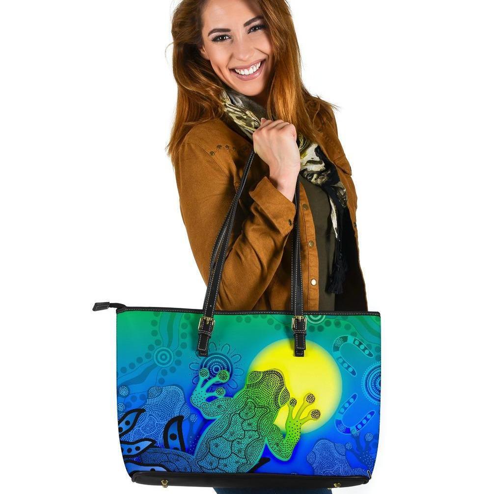 aboriginal-leather-tote-bag-indigenous-frog-blue