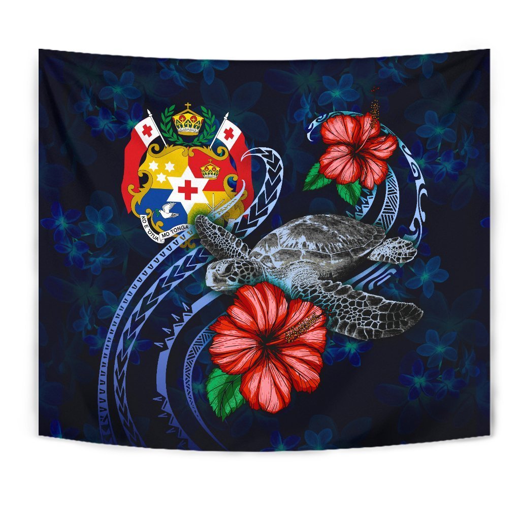 Tonga Polynesian Tapestry - Blue Turtle Hibiscus - Vibe Hoodie Shop