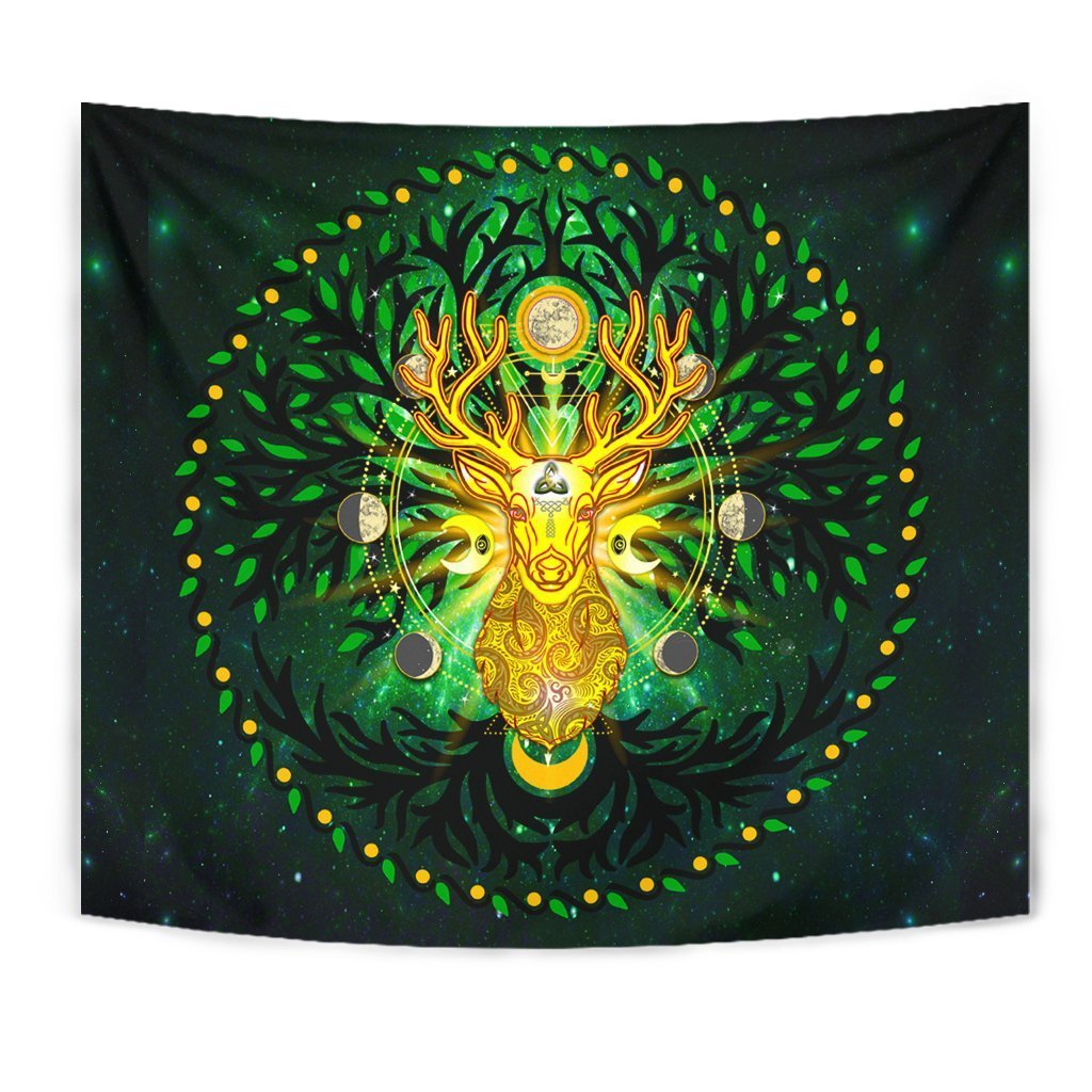 Celtic Pagan Deer Tapestry - Moon Phases Deer with Tree of Life - Vibe Hoodie Shop