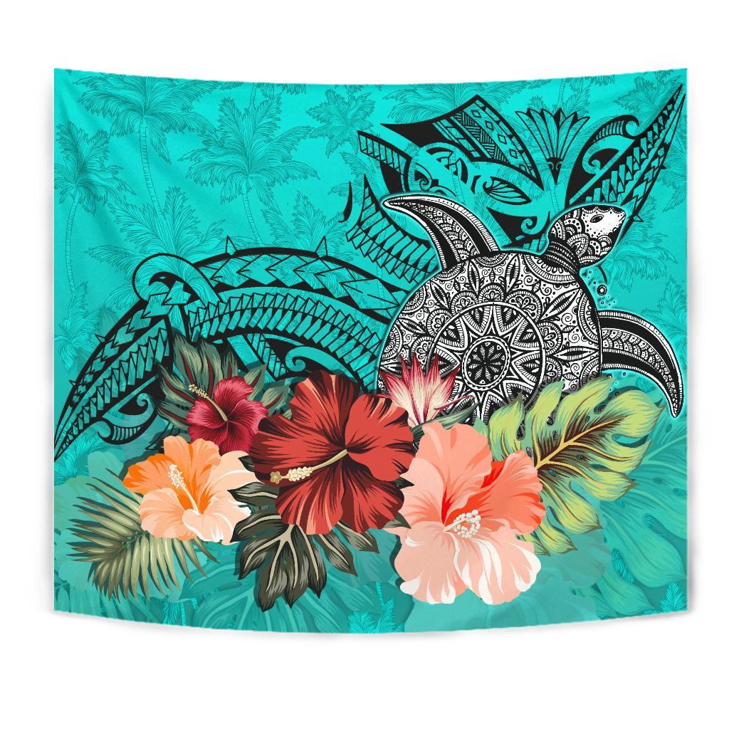 Turtle Polynesian Tapestry Hibiscus Polynesian Turquoise - Vibe Hoodie Shop