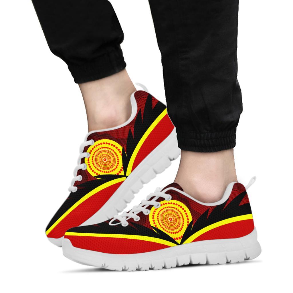 Aboriginal Sneakers - Indigenous Flag With Footprint Hand Art - Vibe Hoodie Shop