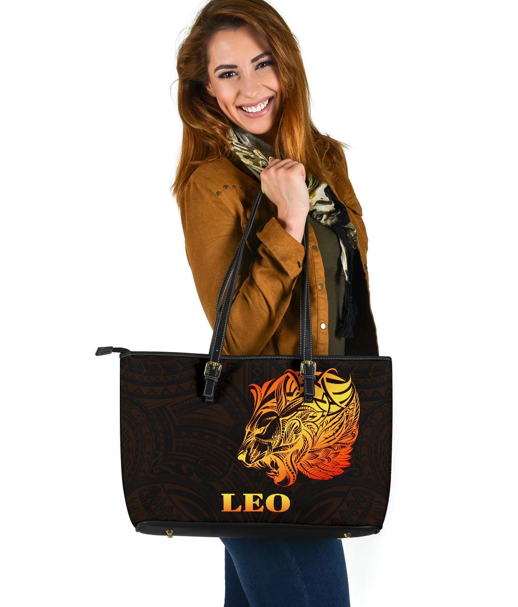 sun-in-leo-zodiac-large-leather-tote-polynesian-tattoo-simple-orange-black