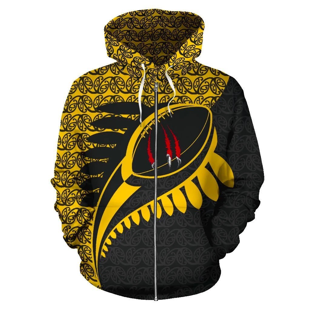 New Zealand Claws On Rugby Ball Zip Up Hoodie Yellow - Vibe Hoodie Shop
