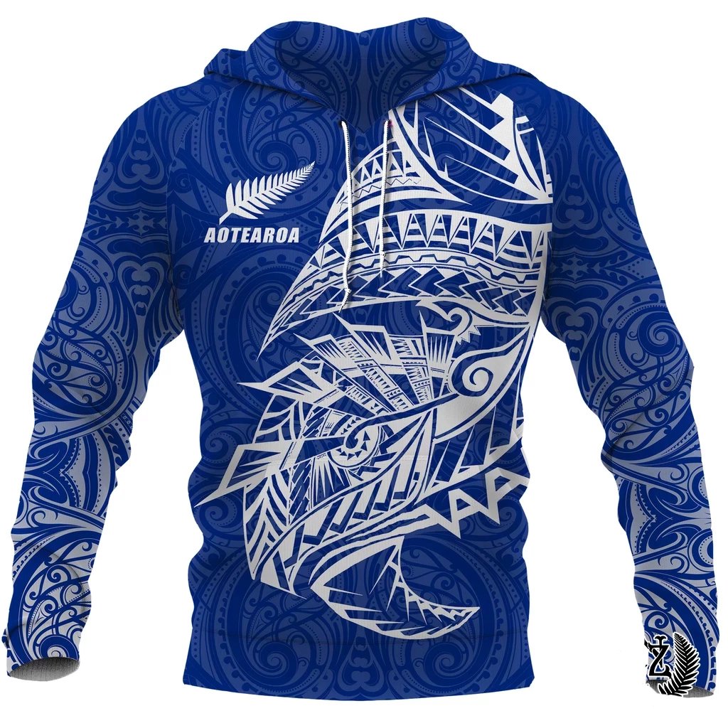 New Zealand Hoodie, Maori Tattoo Pullover Hoodie Polynesian Style - Blue K4 Merchize - Vibe Hoodie Shop