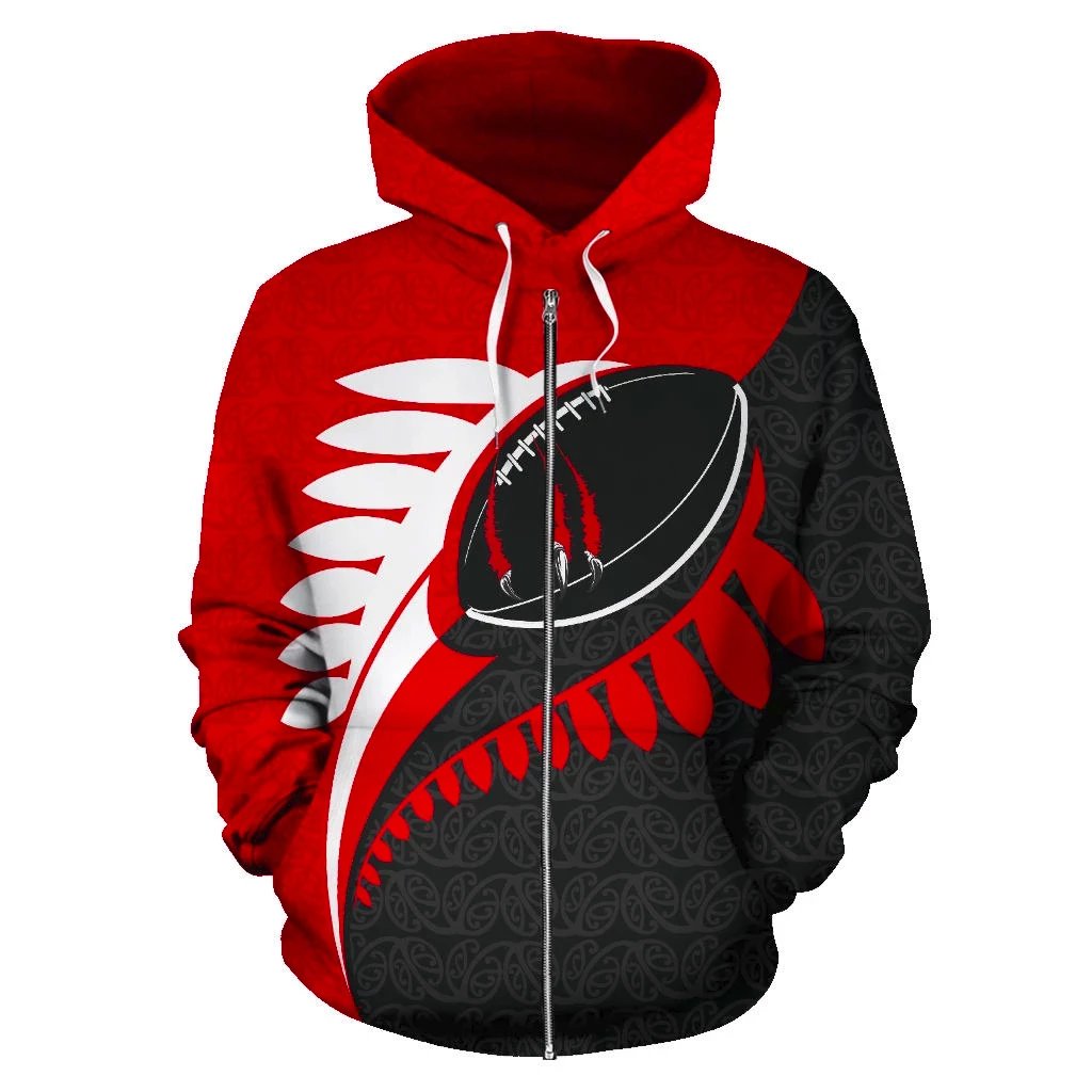 New Zealand Claws On Rugby Ball Zip Up Hoodie Red - Vibe Hoodie Shop