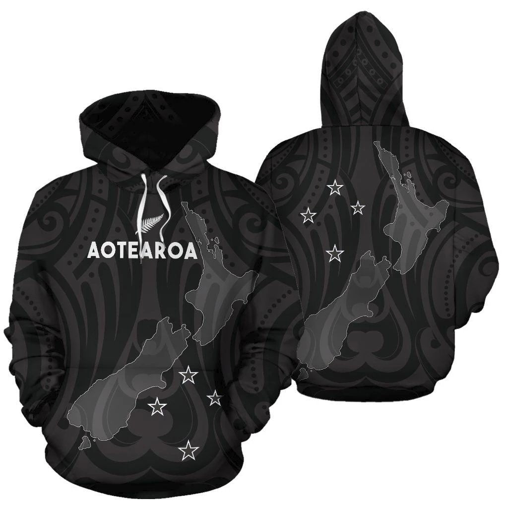 Aotearoa - New Zealand Hoodie Patterns Maori - Aotearoa Map - Vibe Hoodie Shop