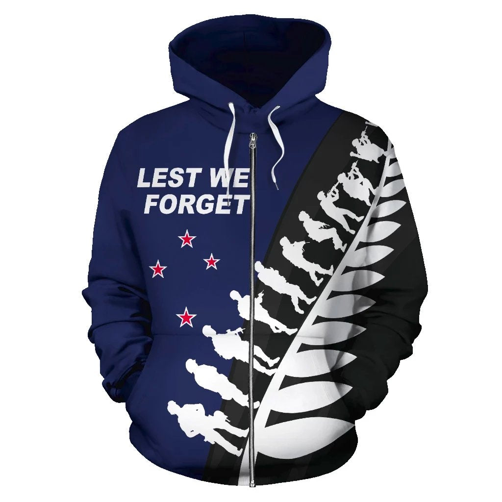 New Zealand Lest We Forget Zip Up Hoodie, Poppies ANZAC Fern Australia Flag Zipper Hoodie - Vibe Hoodie Shop