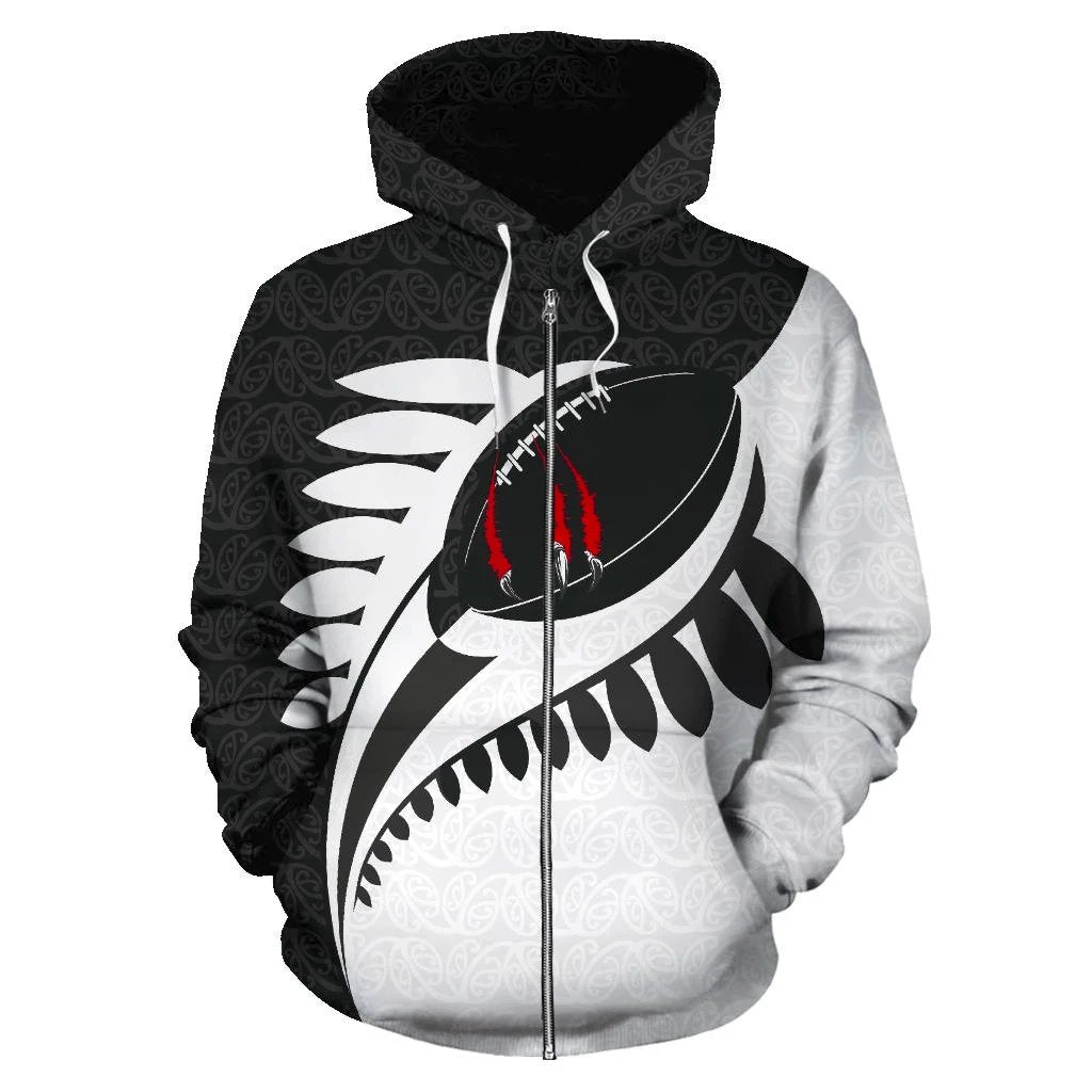 New Zealand Claws On Rugby Ball Zip Up Hoodie Black - Vibe Hoodie Shop