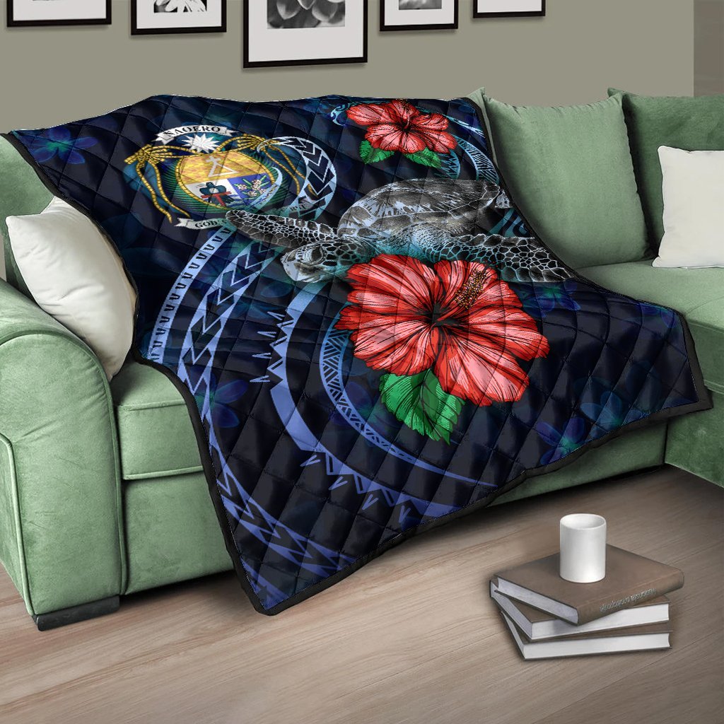 Nauru Polynesian Premium Quilt - Blue Turtle Hibiscus - Vibe Hoodie Shop