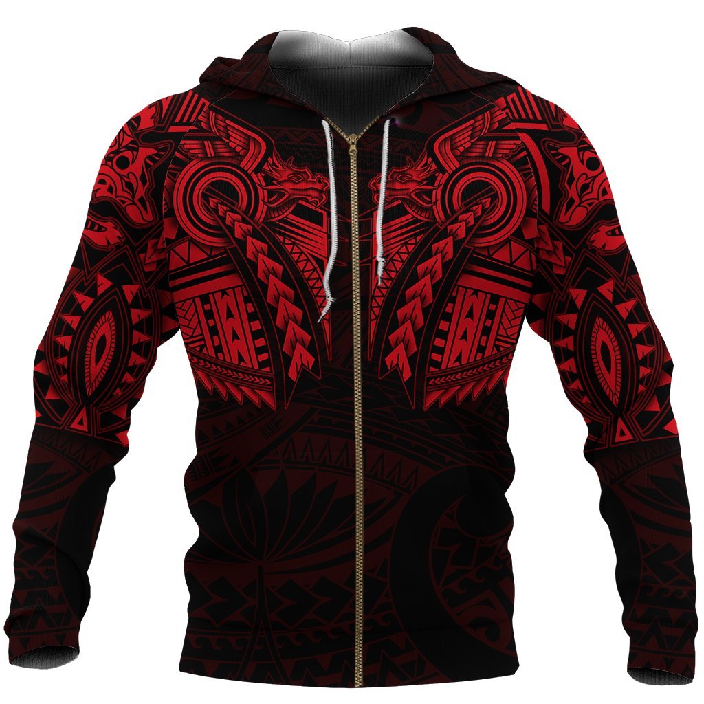 New Zealand Zip Up Hoodie, Maori Tattoo Wolf Dragon Zipper Hoodie - Red - Vibe Hoodie Shop