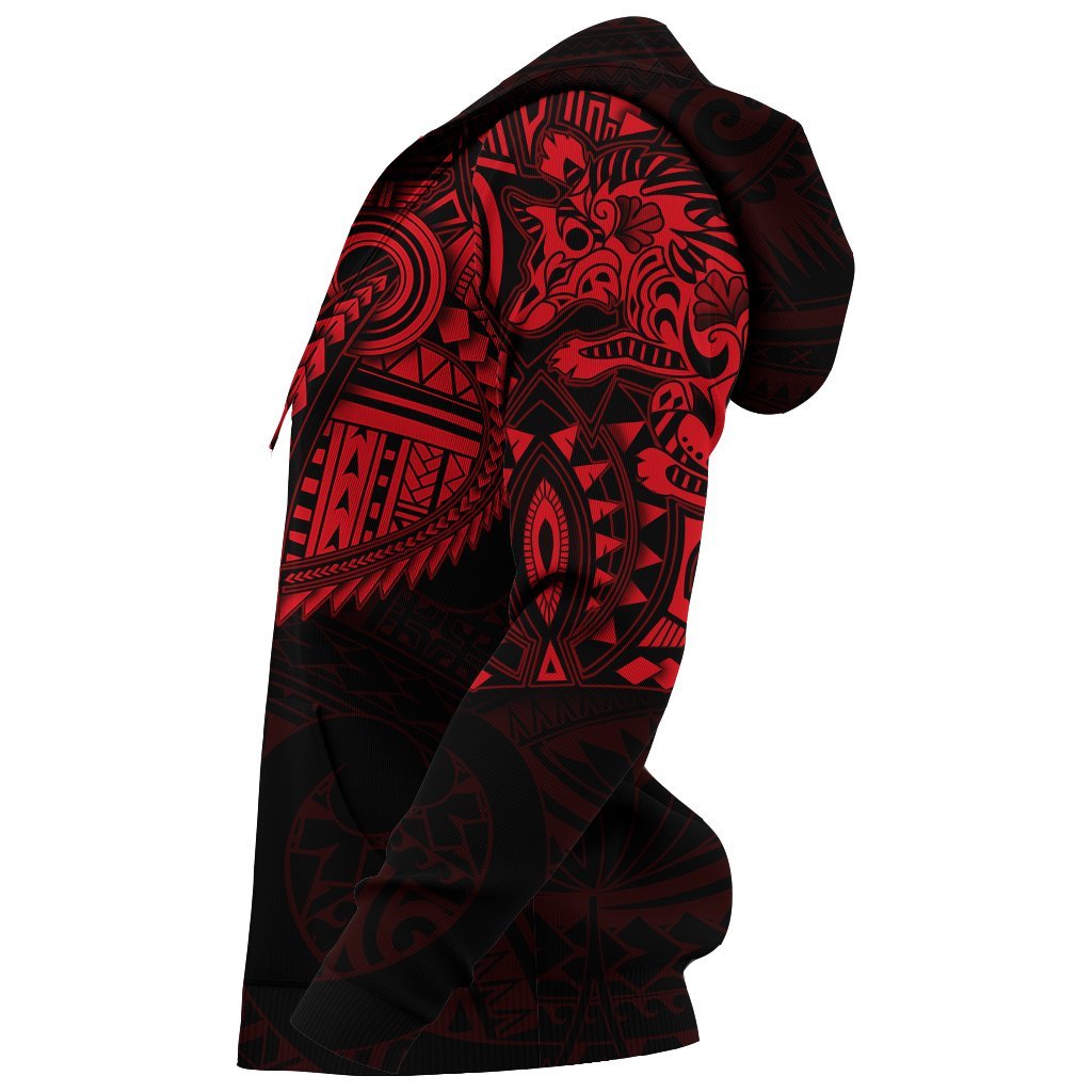 New Zealand Zip Up Hoodie, Maori Tattoo Wolf Dragon Zipper Hoodie - Red - Vibe Hoodie Shop