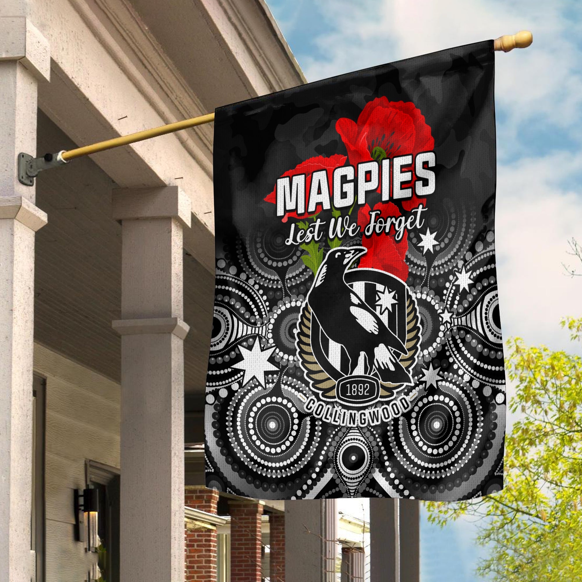 Magpies Football ANZAC Day Flag Aboriginal Poppy Flowers - Vibe Hoodie Shop