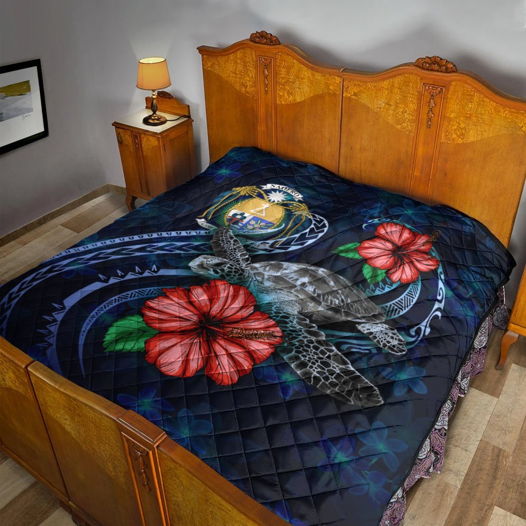 Nauru Polynesian Premium Quilt - Blue Turtle Hibiscus - Vibe Hoodie Shop