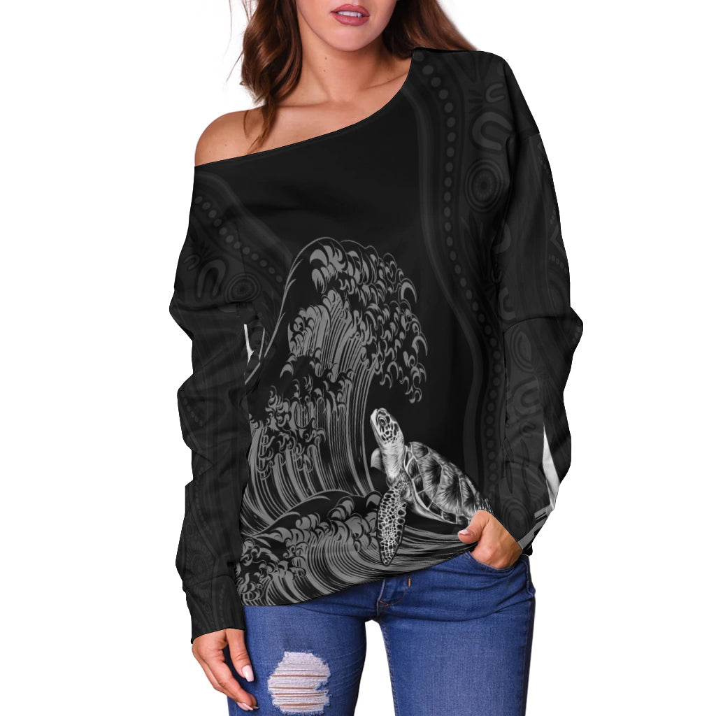 (Custom Personalised) Torres Strait Islands Off Shoulder Sweater The Dhari Mix Aboriginal Turtle Version Black - Vibe Hoodie Shop