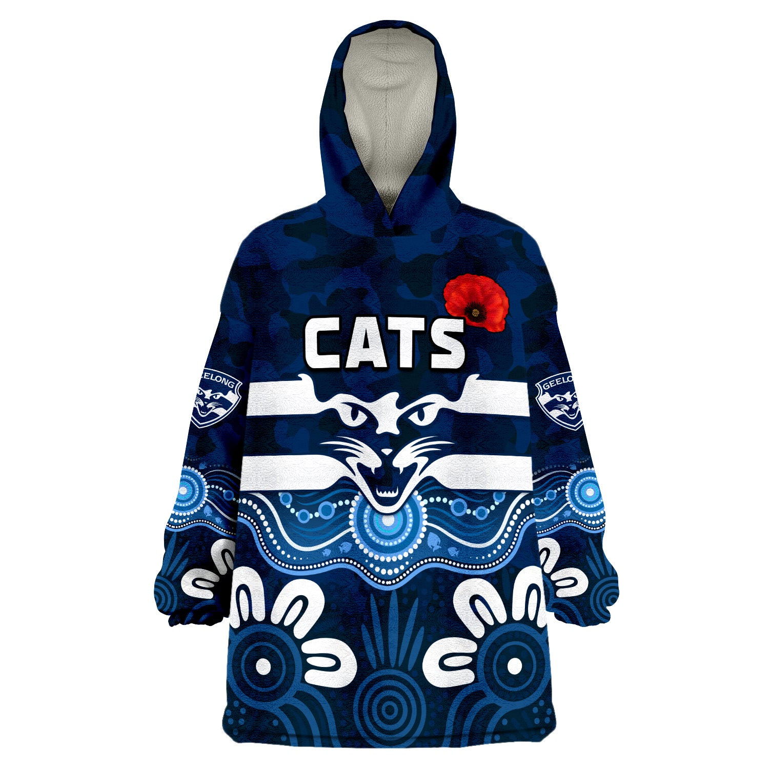 (Custom Text and Number) Cats ANZAC 2022 Geelong Football Aboriginal Poppy Wearable Blanket Hoodie - Vibe Hoodie Shop