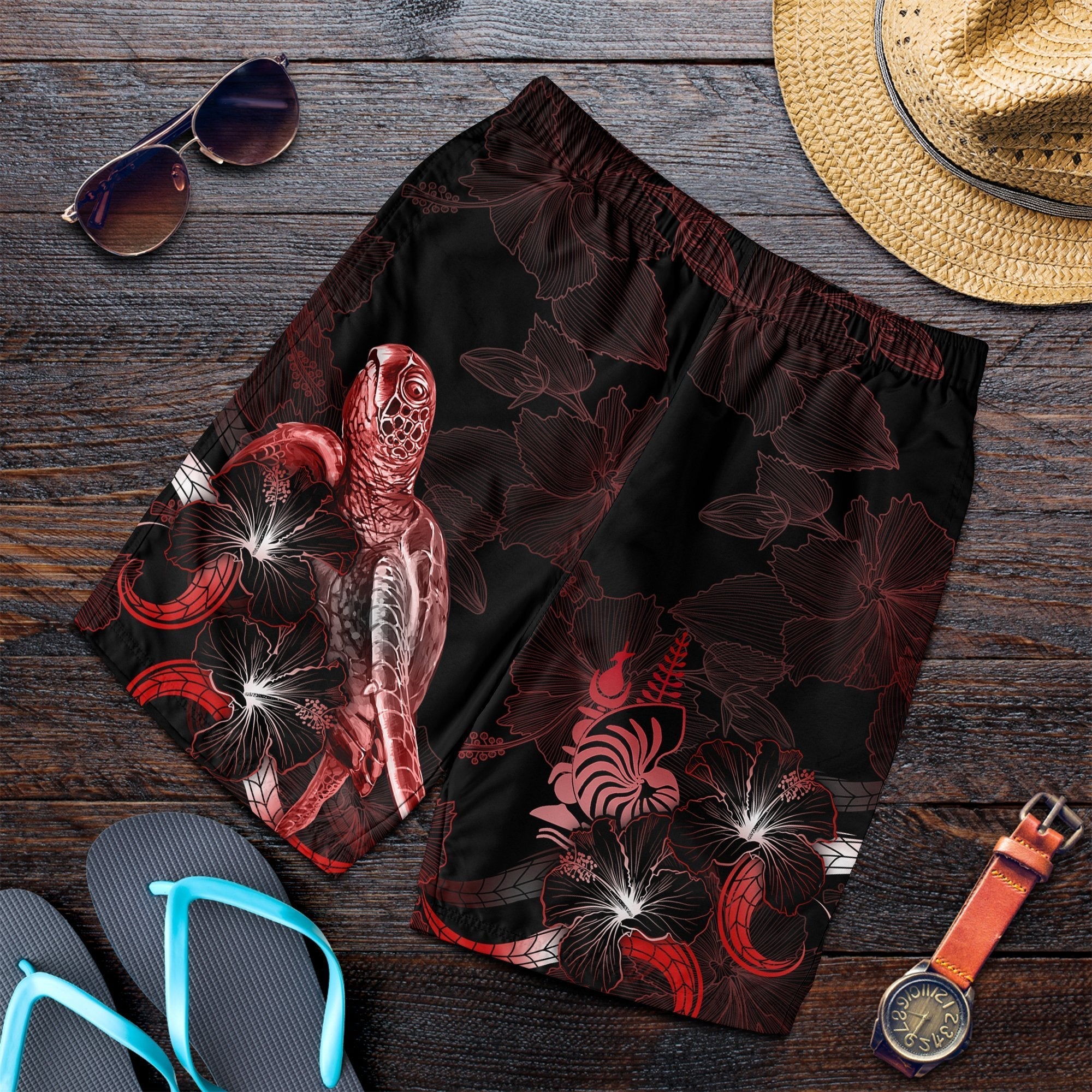 New Caledonia Polynesian Men's Shorts - Turtle With Blooming Hibiscus Red - Vibe Hoodie Shop