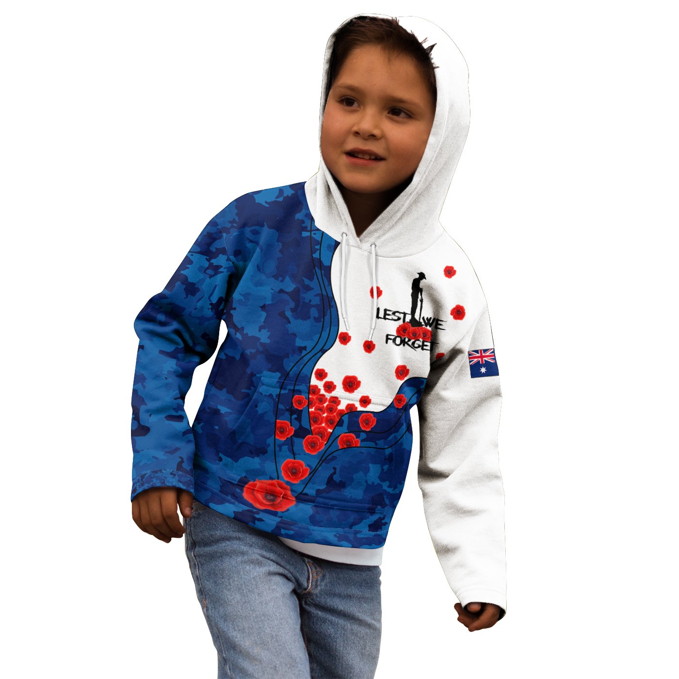 ANZAC Lest We Forget Hoodie Kid - Australian Flag Blue - - Vibe Hoodie Shop