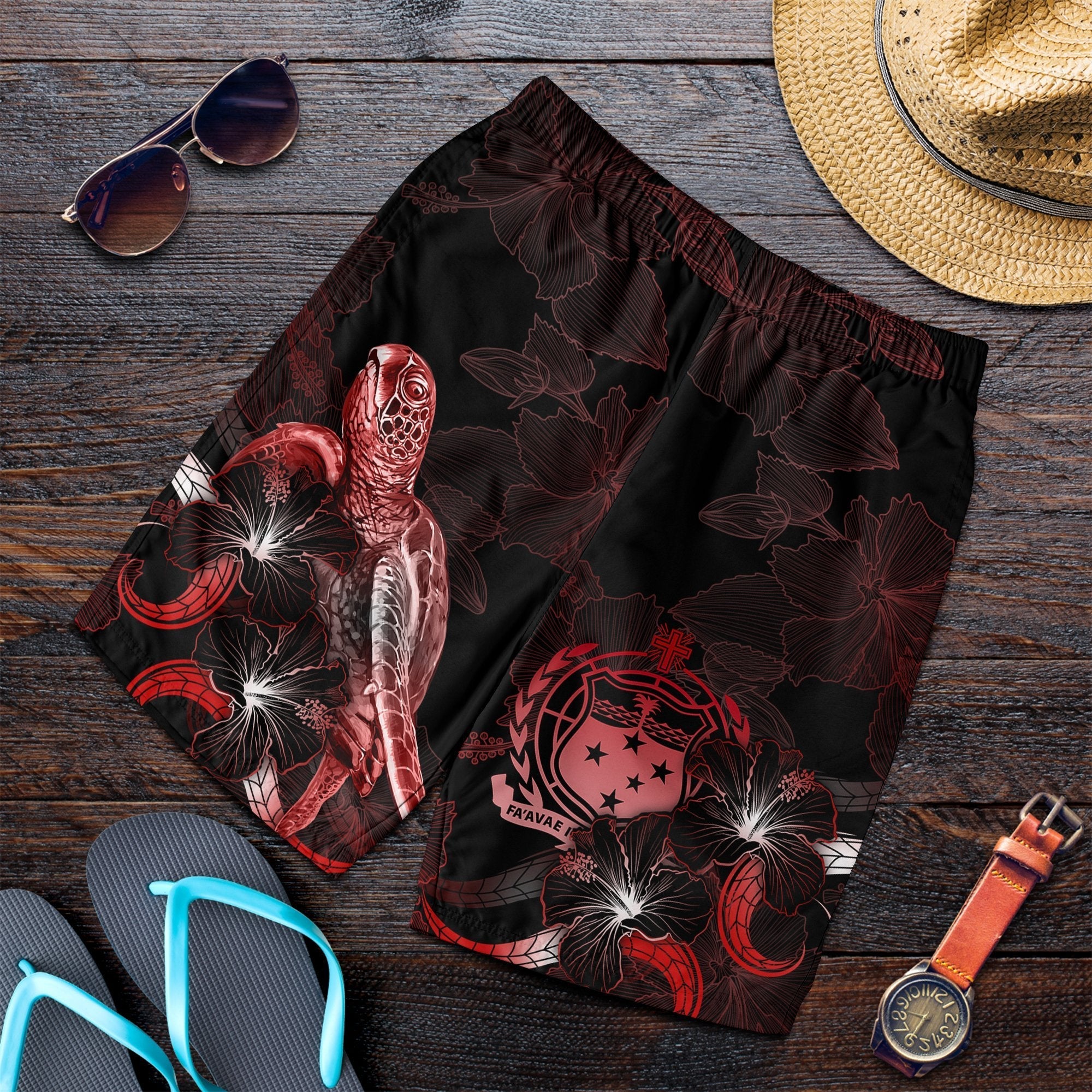 Samoa Polynesian Men's Shorts - Turtle With Blooming Hibiscus Red - Vibe Hoodie Shop