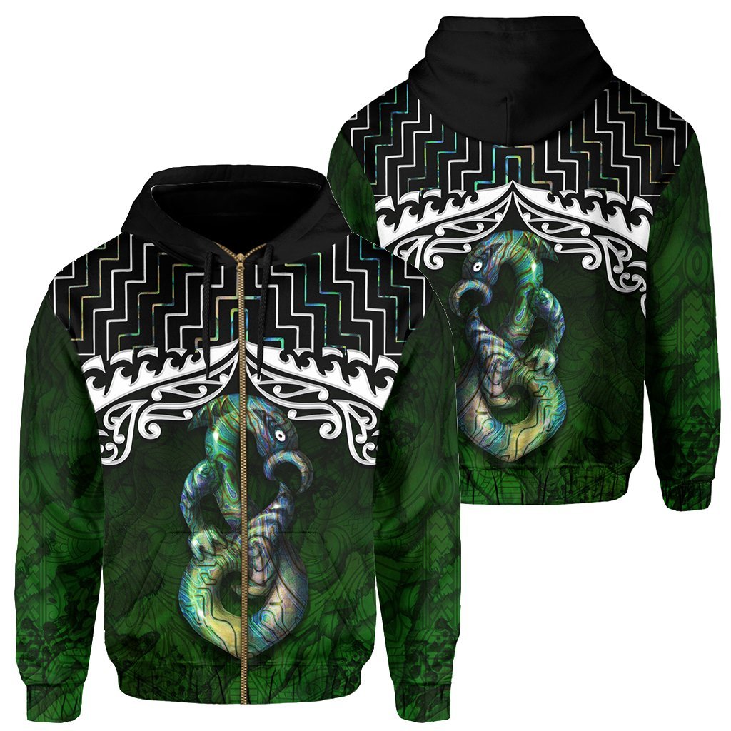 New Zealand Maori Zip Up Hoodie, Poutama Manaia Paua Shell Zipper Hoodie - Vibe Hoodie Shop