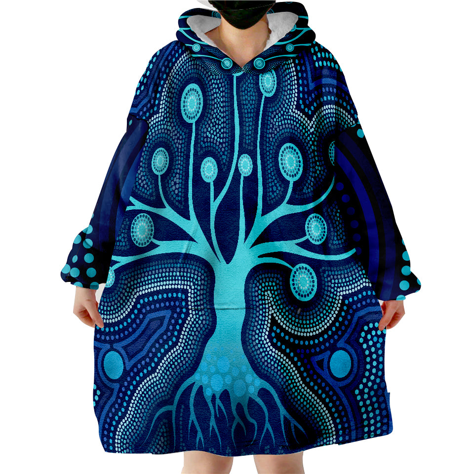 Aboriginal Tree Dot Painting Art - Ocean Ver Wearable Blanket Hoodie - Vibe Hoodie Shop