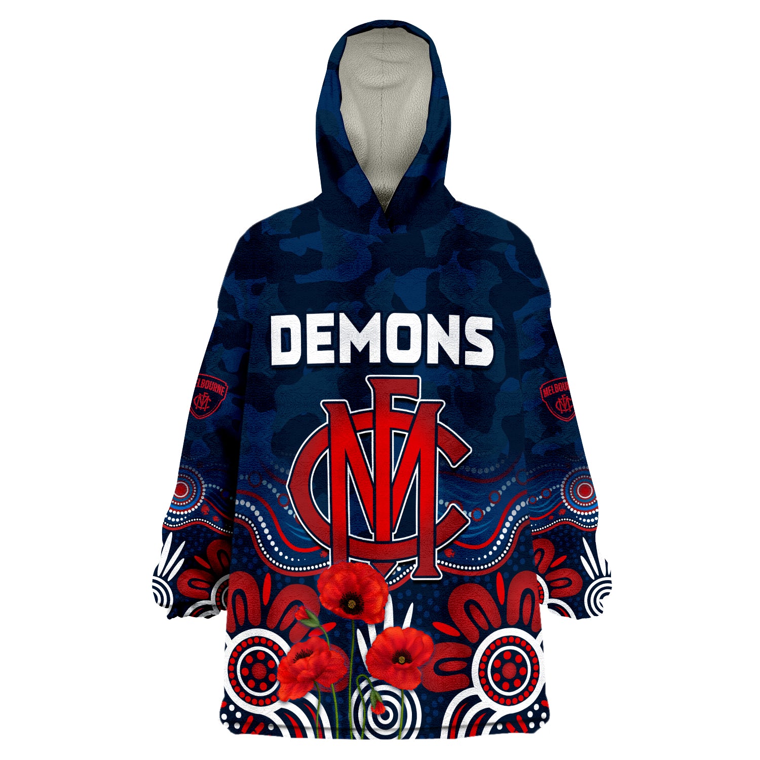 (Custom Text and Number) Demons ANZAC 2022 Melbourne Football Aboriginal Poppy Wearable Blanket Hoodie - Vibe Hoodie Shop