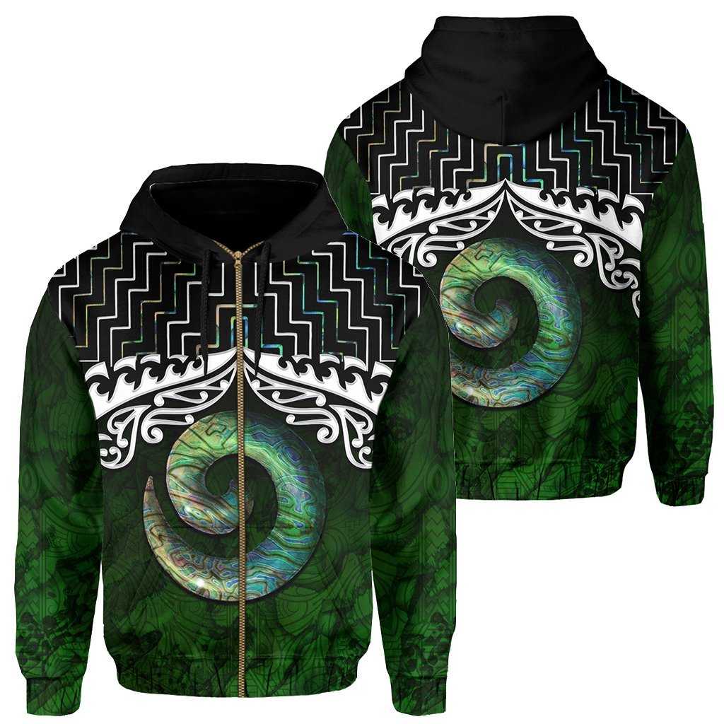 New Zealand Maori Zip Up Hoodie, Poutama Koru Paua Shell Zipper Hoodie - Vibe Hoodie Shop