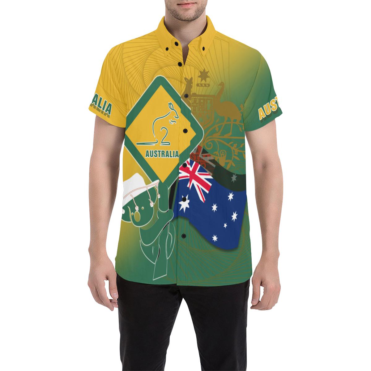 Short Sleeve Shirt - Aus Flag and Coat Of Arms Shirt Kangaroo and Koala Sign - Vibe Hoodie Shop