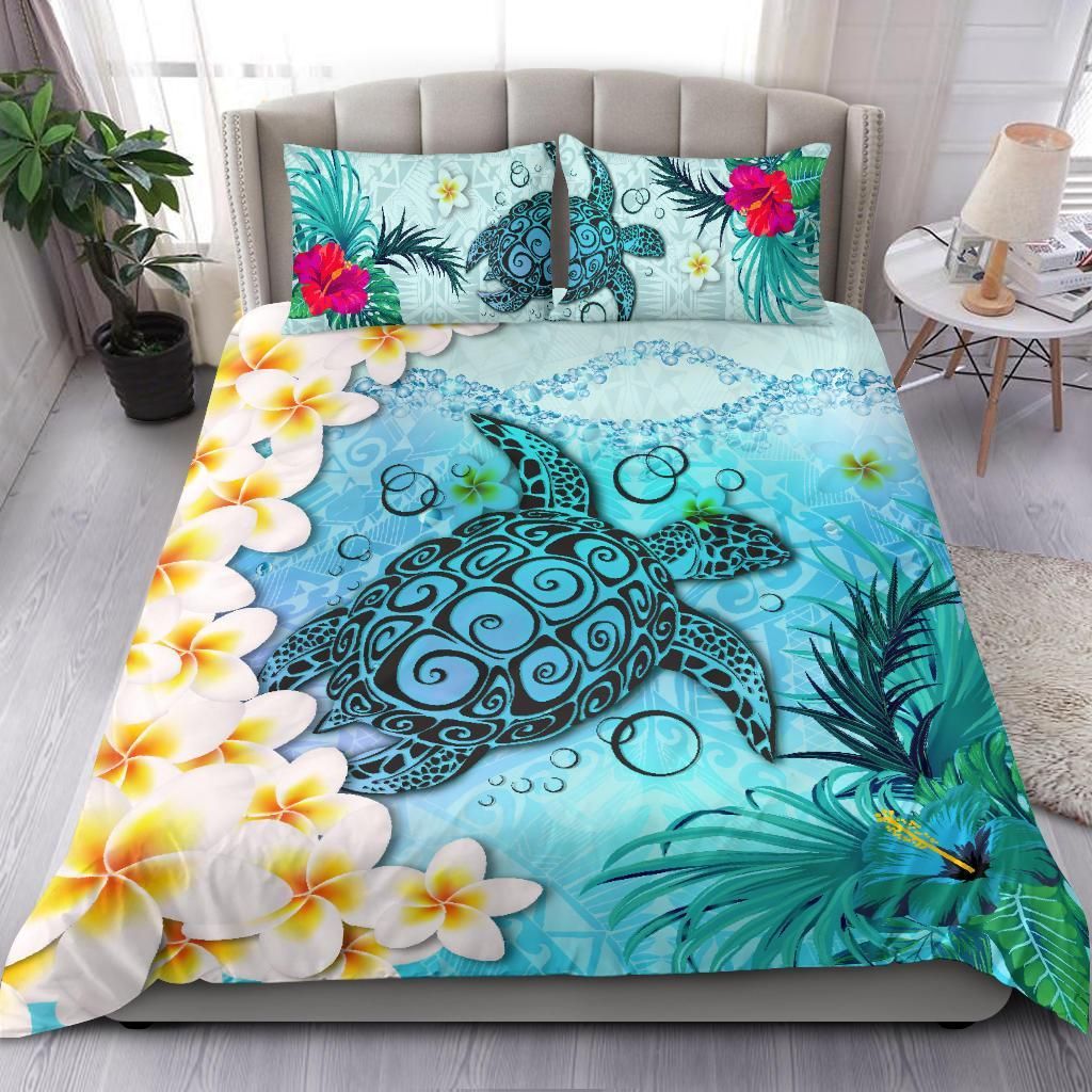 Polynesian Turtle Bedding Set, Plumeria with Hibiscus Duvet Cover And Pillow Case - Vibe Hoodie Shop