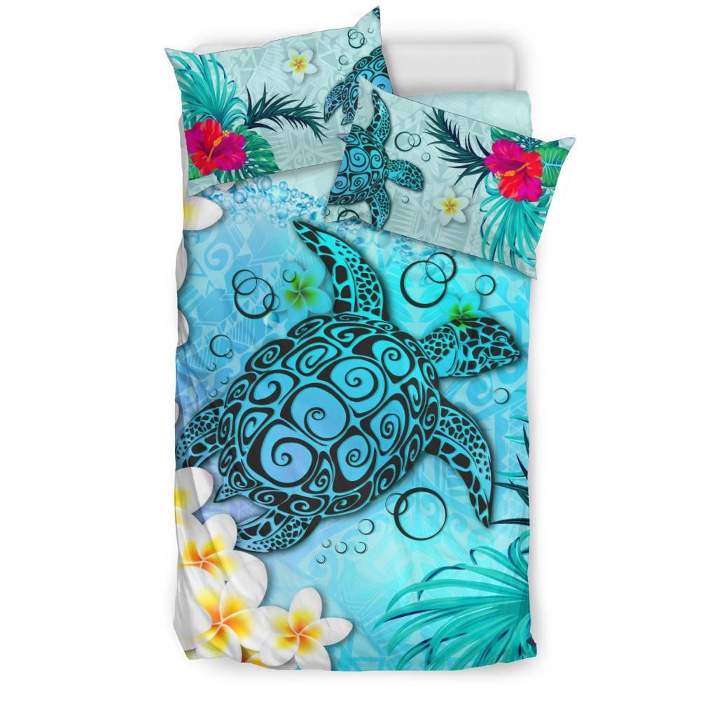 Polynesian Turtle Bedding Set, Plumeria with Hibiscus Duvet Cover And Pillow Case - Vibe Hoodie Shop