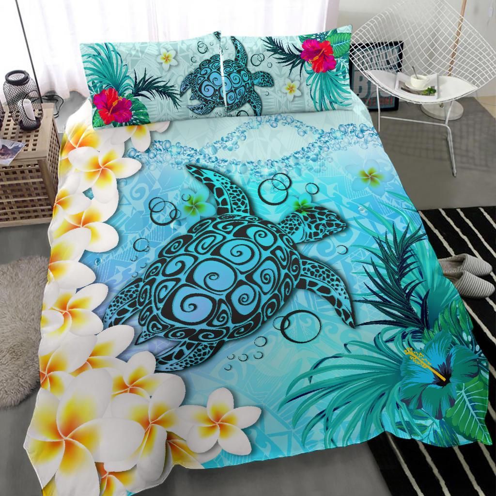 Polynesian Turtle Bedding Set, Plumeria with Hibiscus Duvet Cover And Pillow Case - Vibe Hoodie Shop