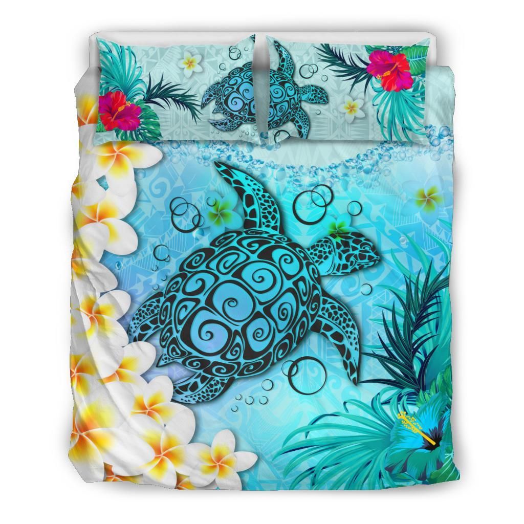 Polynesian Turtle Bedding Set, Plumeria with Hibiscus Duvet Cover And Pillow Case - Vibe Hoodie Shop