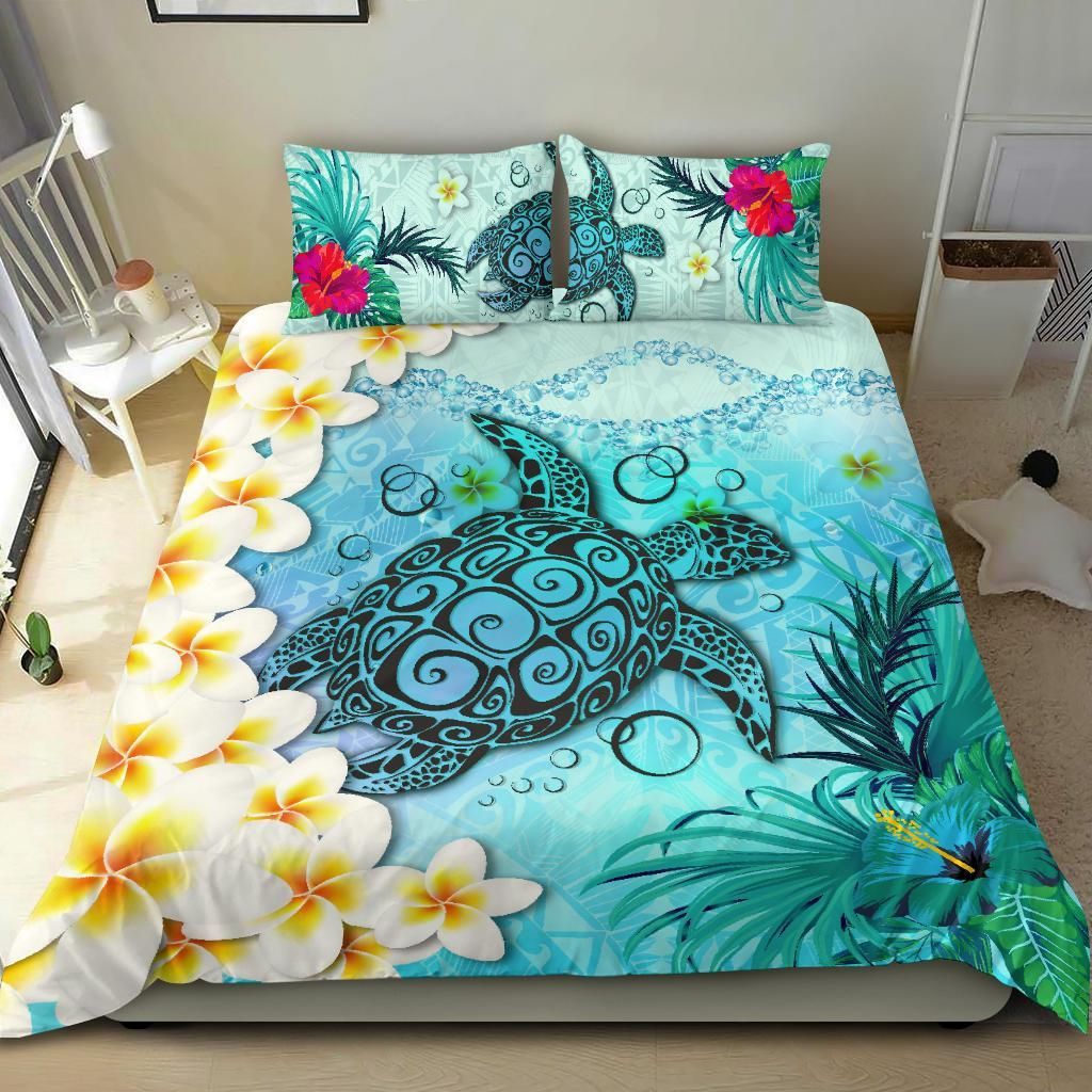 Polynesian Turtle Bedding Set, Plumeria with Hibiscus Duvet Cover And Pillow Case - Vibe Hoodie Shop