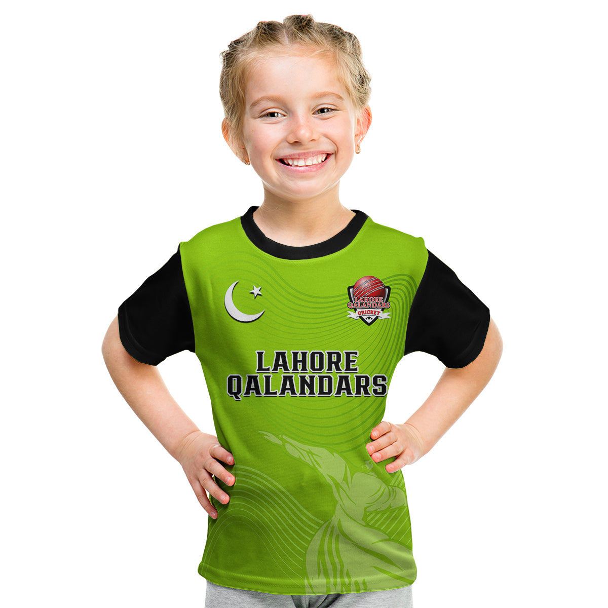 (Custom Text And Number) Lahore Qalandars Cricket Pakistan LQ 2023 Champions Lime Green Kid T Shirt - Vibe Hoodie Shop