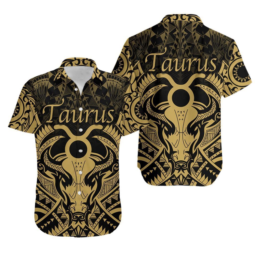 Taurus zodiac With Symbol Mix Polynesian Tattoo Hawaiian Shirt Gold - Vibe Hoodie Shop