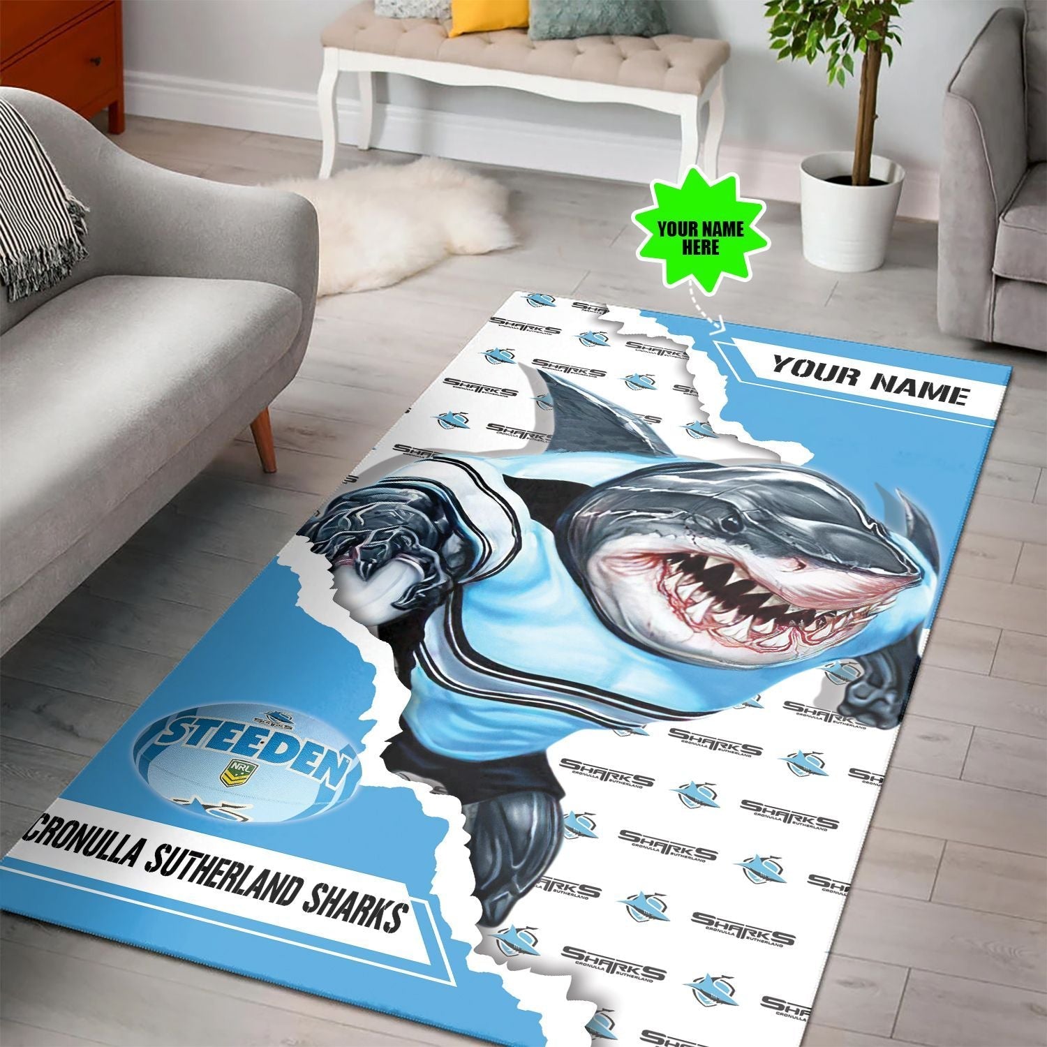 Personalized Custom THY Cronulla - Sutherland Sharks NRL Mascot Edition Rug LT10 - Vibe Hoodie Shop