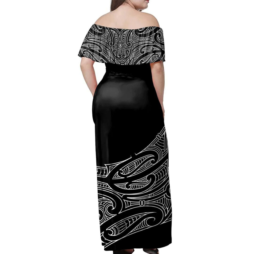 NE Maori Dress - Moko Curve Off Shoulder Long Dress - Vibe Hoodie Shop