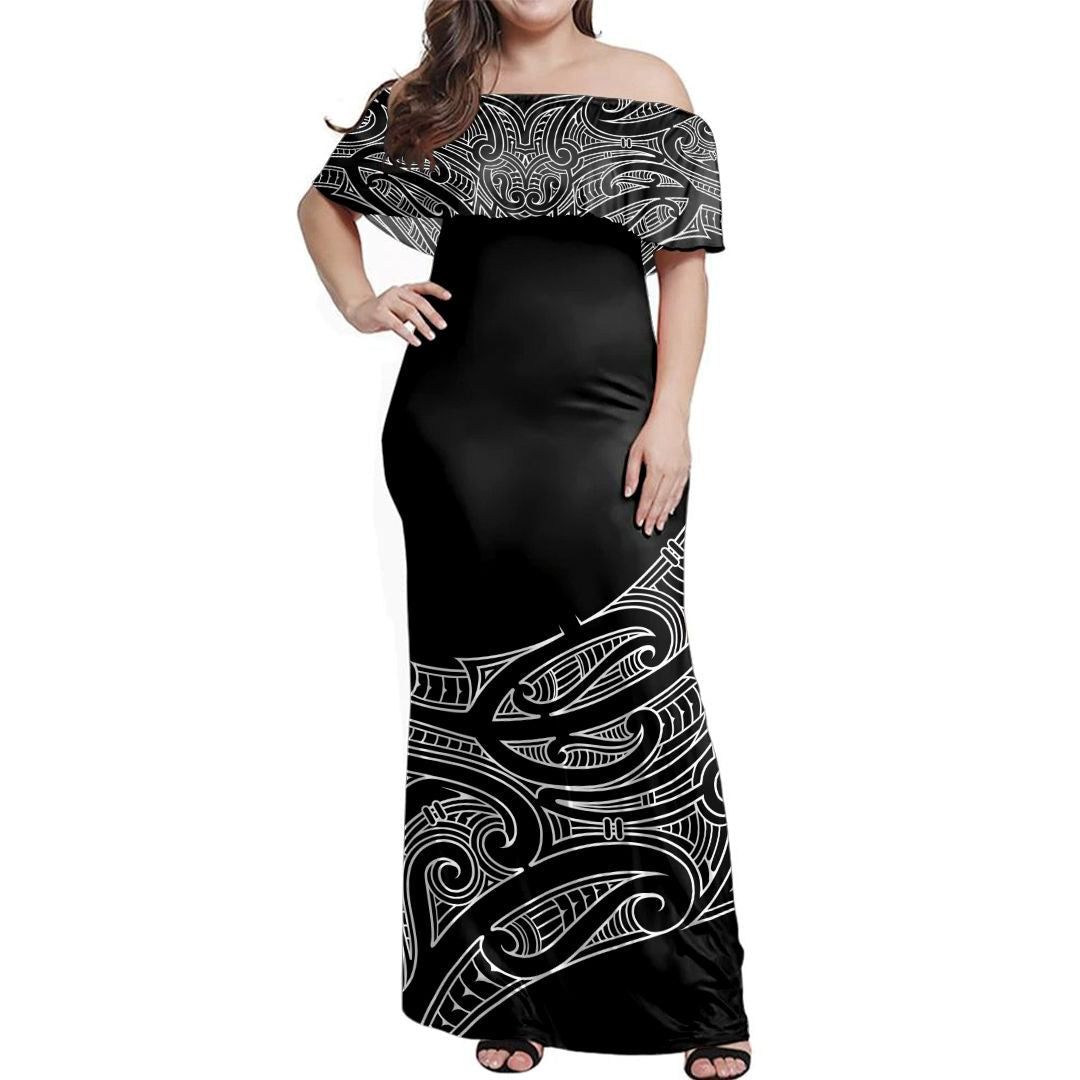 NE Maori Dress - Moko Curve Off Shoulder Long Dress - Vibe Hoodie Shop