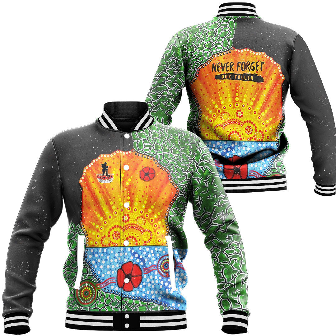 Vibe Hoodie Clothing - Aboriginal Australian ANZAC Day Lest We Forget Poppy Baseball Jacket - Vibe Hoodie Shop