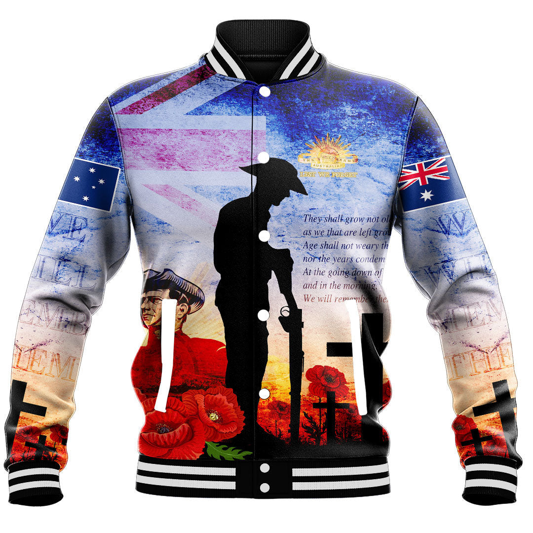 Vibe Hoodie Clothing - ANZAC Day Australia Soldier We Will Rememer Them Baseball Jacket - Vibe Hoodie Shop