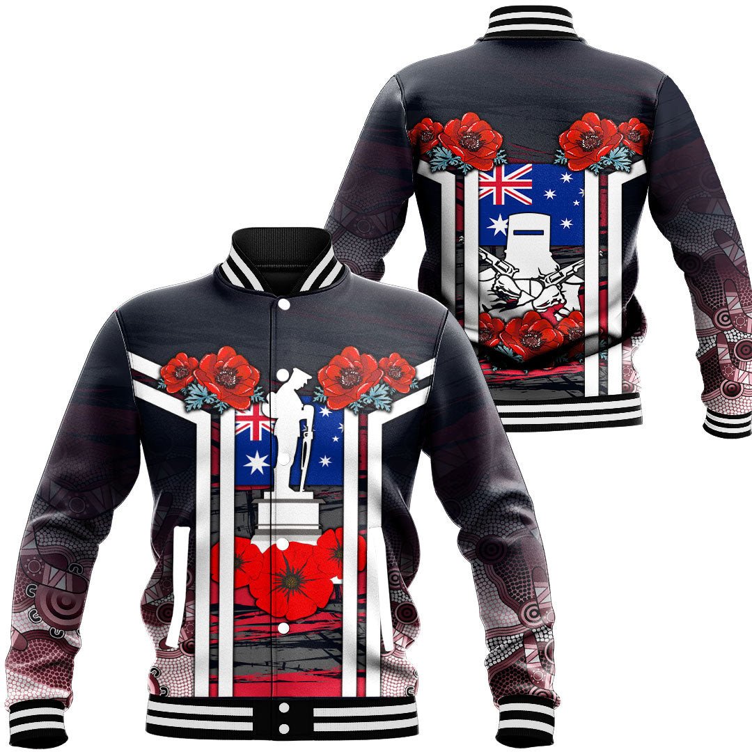 Vibe Hoodie Clothing - Australia ANZAC Day Poppy Aboriginal Pattern Baseball Jacket - Vibe Hoodie Shop