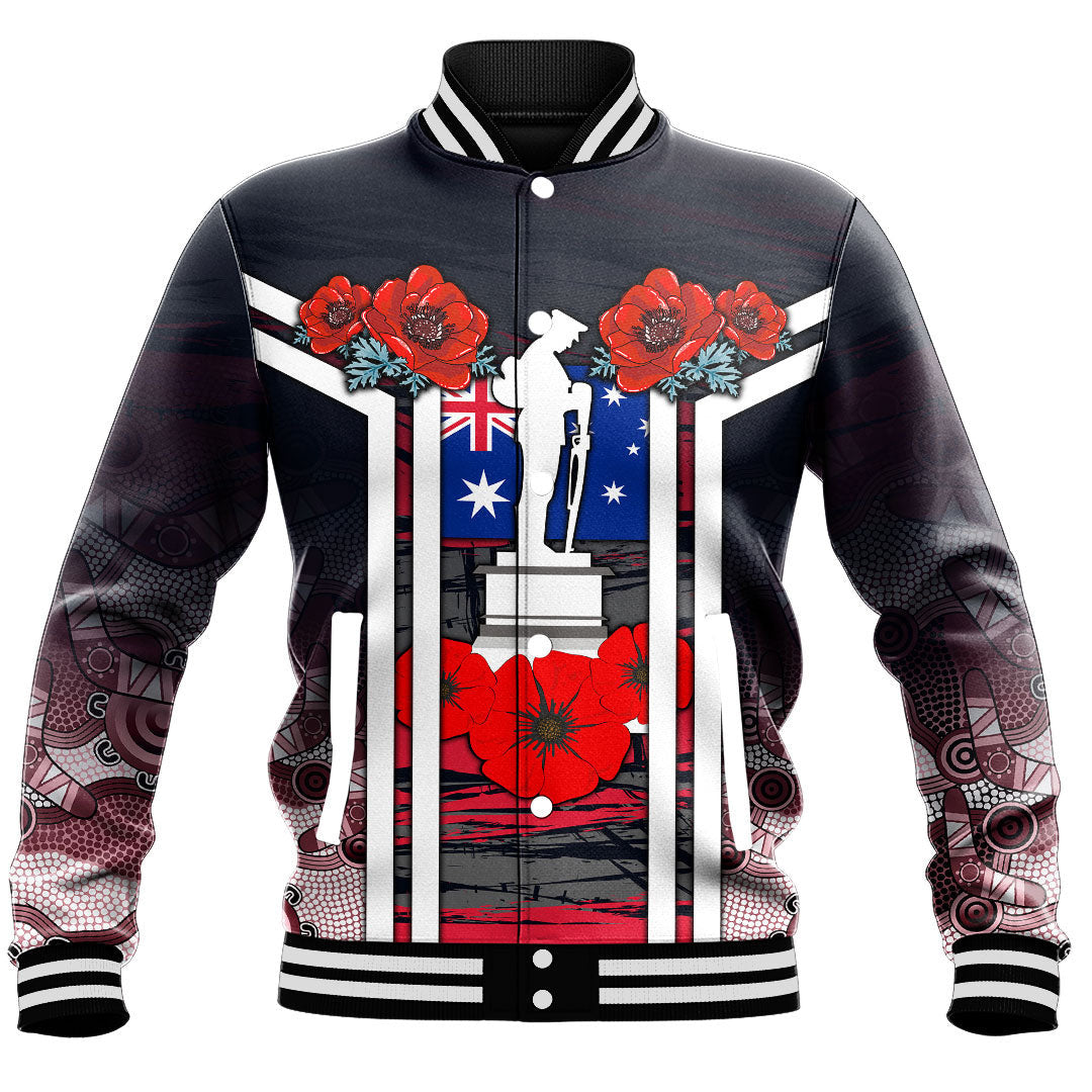 Vibe Hoodie Clothing - Australia ANZAC Day Poppy Aboriginal Pattern Baseball Jacket - Vibe Hoodie Shop