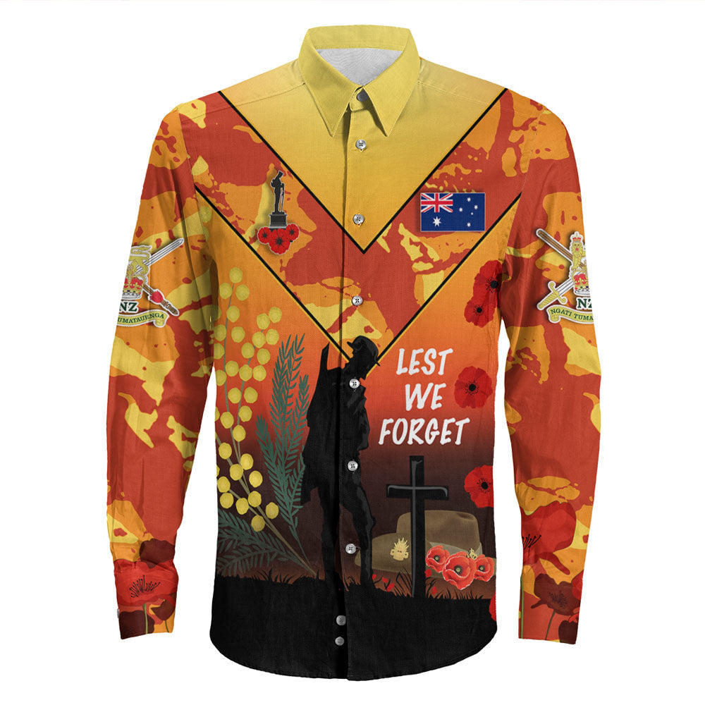 VibeHoodie Clothing - (Custom) Australia ANZAC Lest We Forget 2022 - Orange Long Sleeve Button Shirt LT10 - Vibe Hoodie Shop