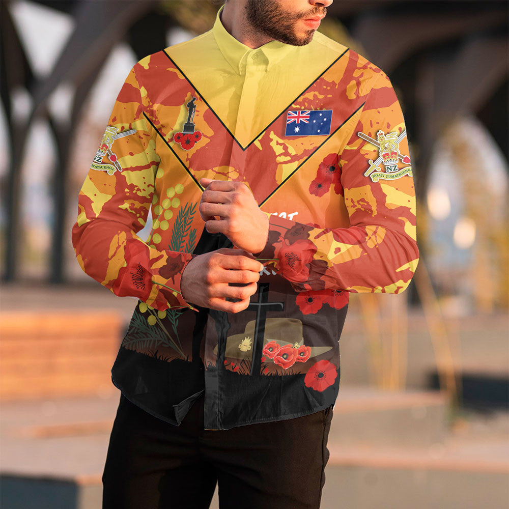 VibeHoodie Clothing - (Custom) Australia ANZAC Lest We Forget 2022 - Orange Long Sleeve Button Shirt LT10 - Vibe Hoodie Shop