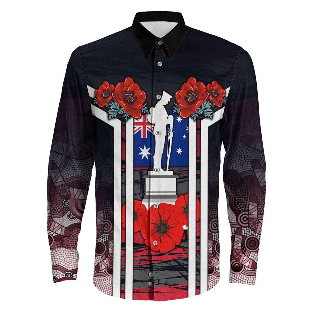 VibeHoodie Clothing - Australia ANZAC Day Poppy Aboriginal Pattern Long Sleeve Button Shirt LT10 - Vibe Hoodie Shop